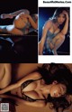 A woman in lingerie laying on a bed. 